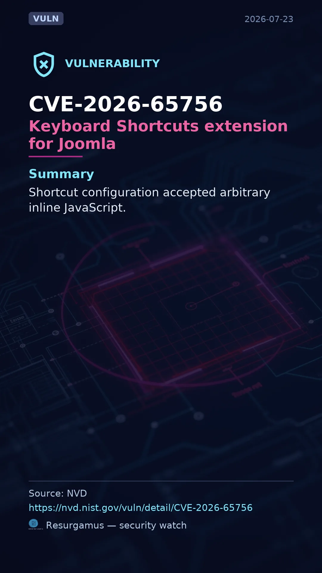 CVE-2026-65756 Keyboard Shortcuts extension for Joomla Vulnerability