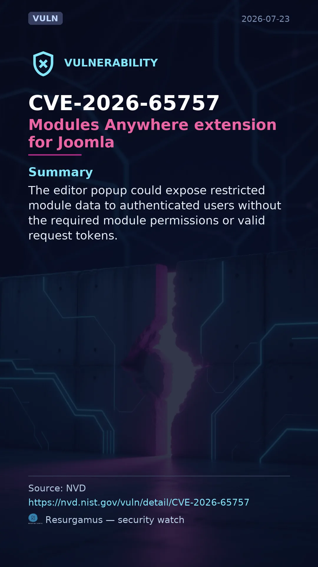 CVE-2026-65757 Modules Anywhere extension for Joomla Vulnerability