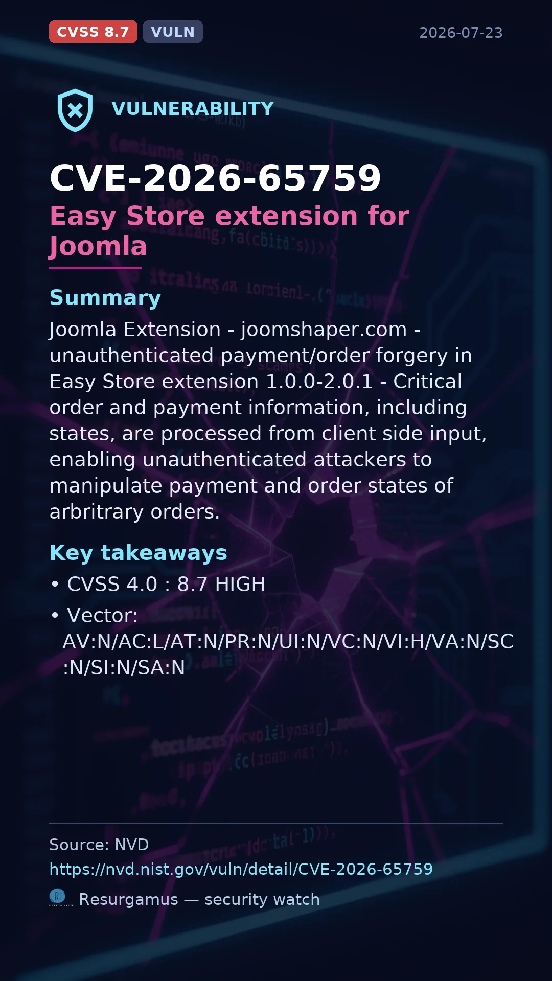CVE-2026-65759 Easy Store extension for Joomla Vulnerability
