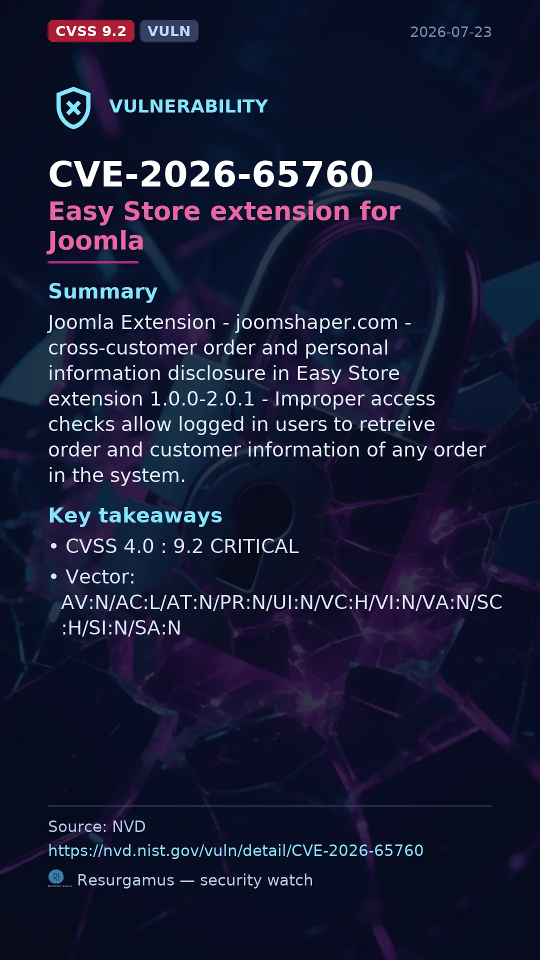 CVE-2026-65760 Easy Store extension for Joomla Vulnerability