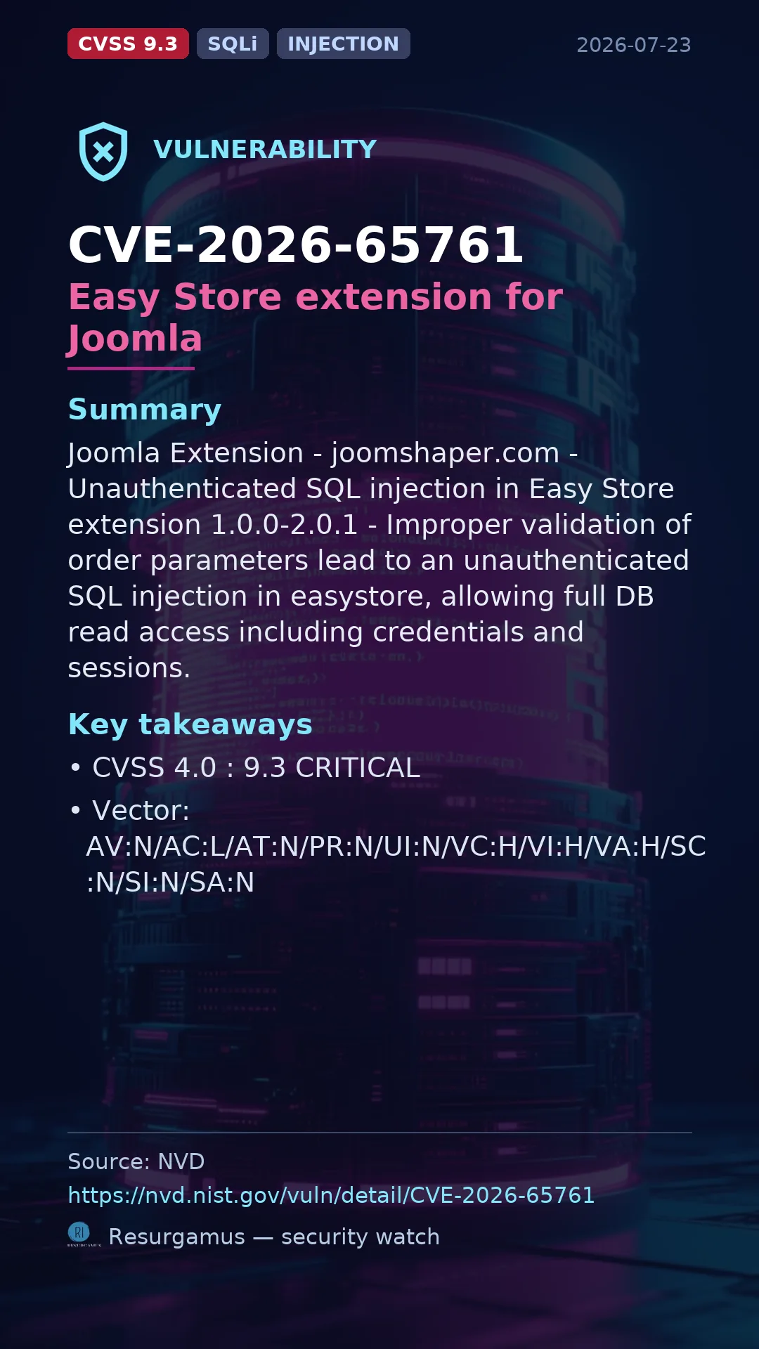 CVE-2026-65761 Easy Store extension for Joomla Vulnerability