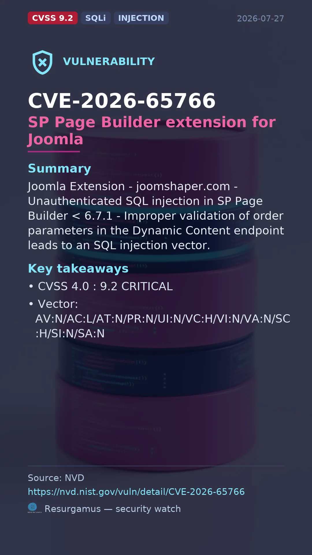 CVE-2026-65766 SP Page Builder extension for Joomla Vulnerability