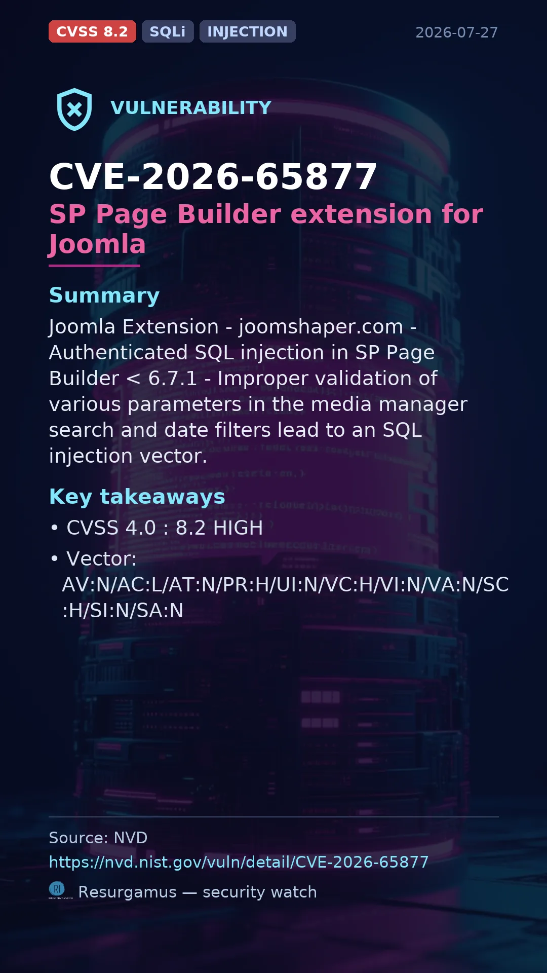 CVE-2026-65877 SP Page Builder extension for Joomla Vulnerability