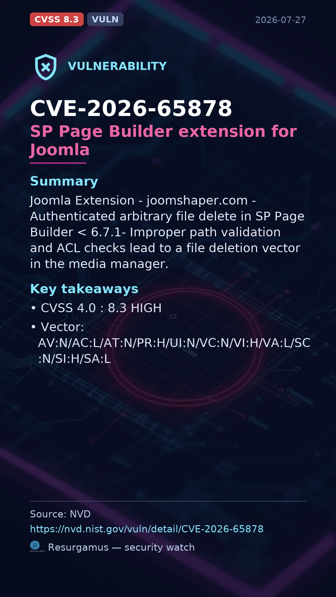 CVE-2026-65878 SP Page Builder extension for Joomla Vulnerability