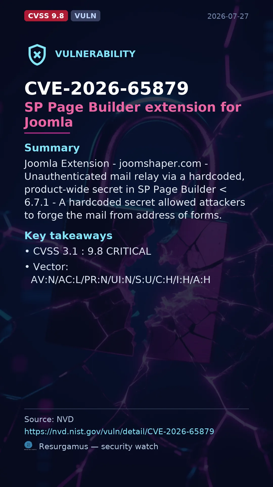 CVE-2026-65879 SP Page Builder extension for Joomla Vulnerability