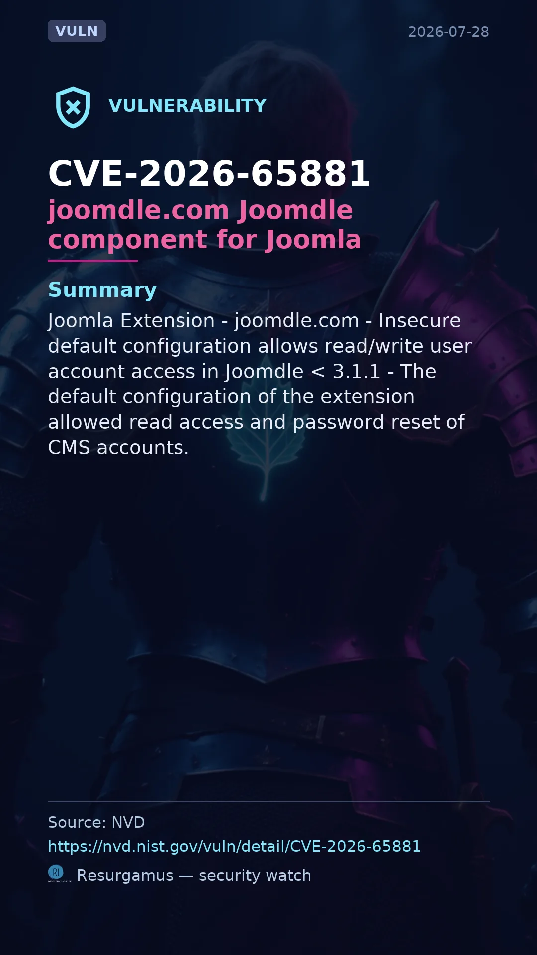 CVE-2026-65881 joomdle.com Joomdle component for Joomla Vulnerability