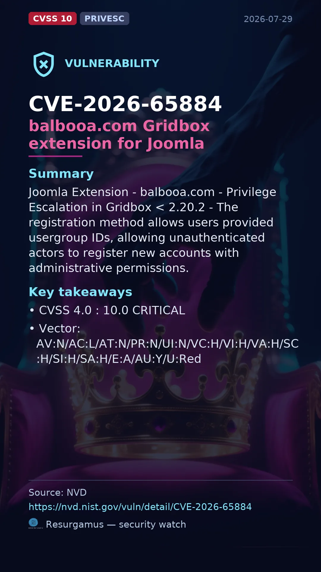 CVE-2026-65884 balbooa.com Gridbox extension for Joomla Vulnerability