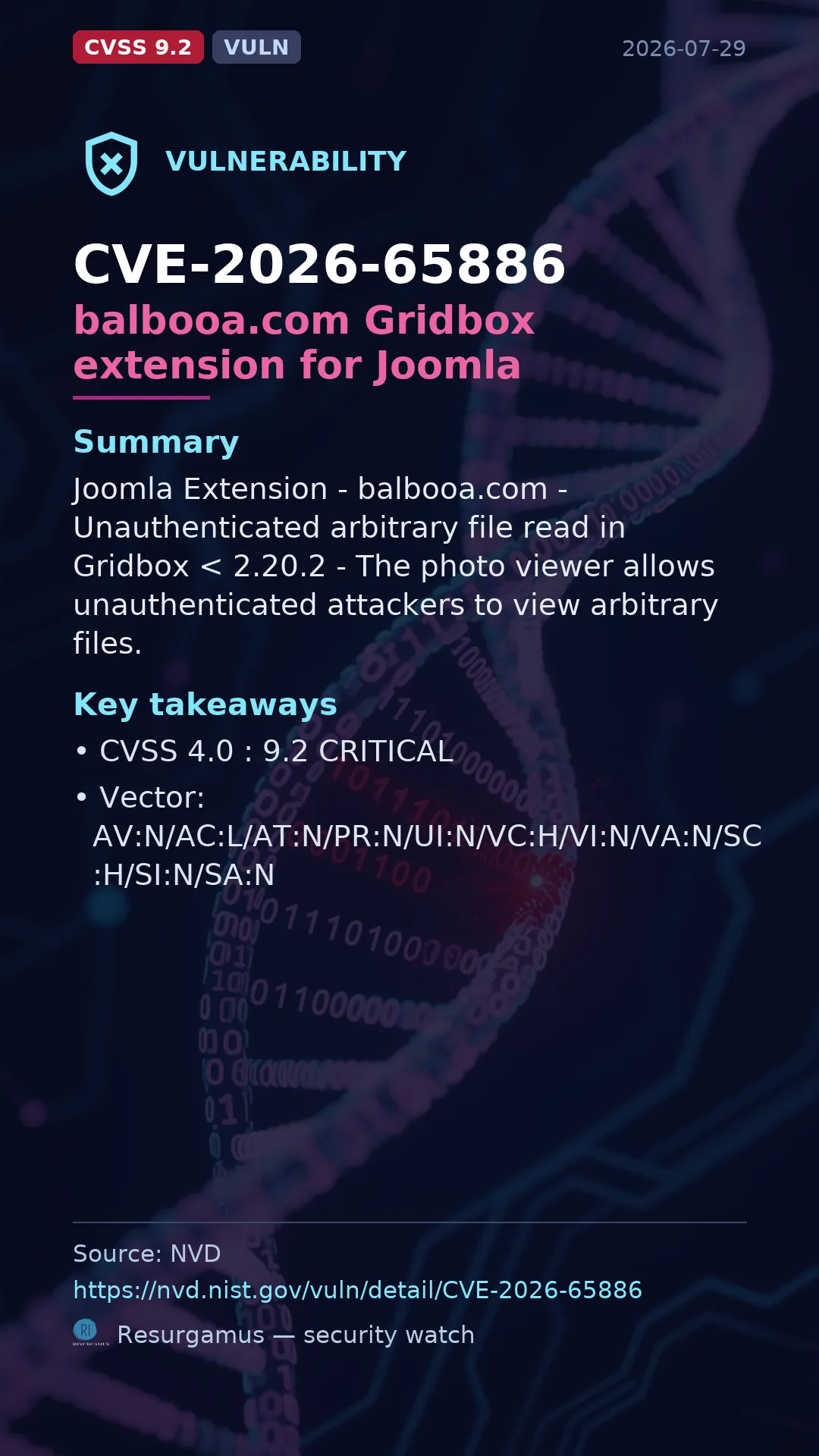 CVE-2026-65886 balbooa.com Gridbox extension for Joomla Vulnerability