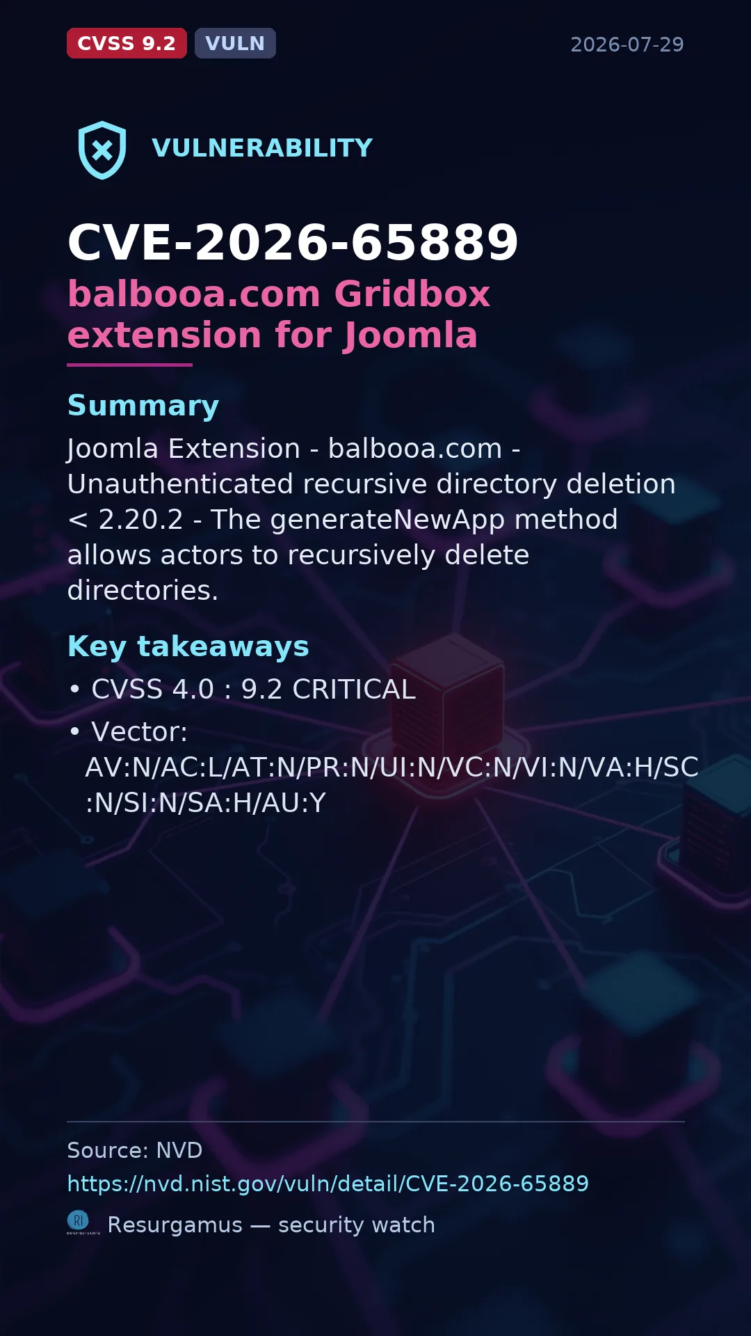 CVE-2026-65889 balbooa.com Gridbox extension for Joomla Vulnerability