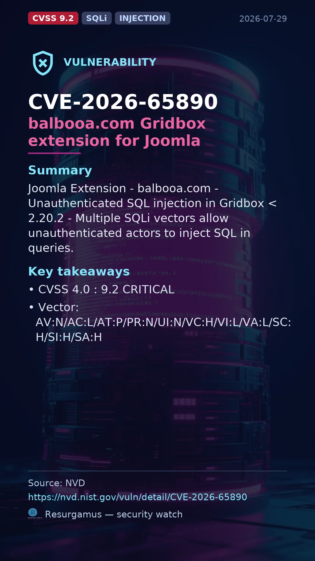 CVE-2026-65890 balbooa.com Gridbox extension for Joomla Vulnerability