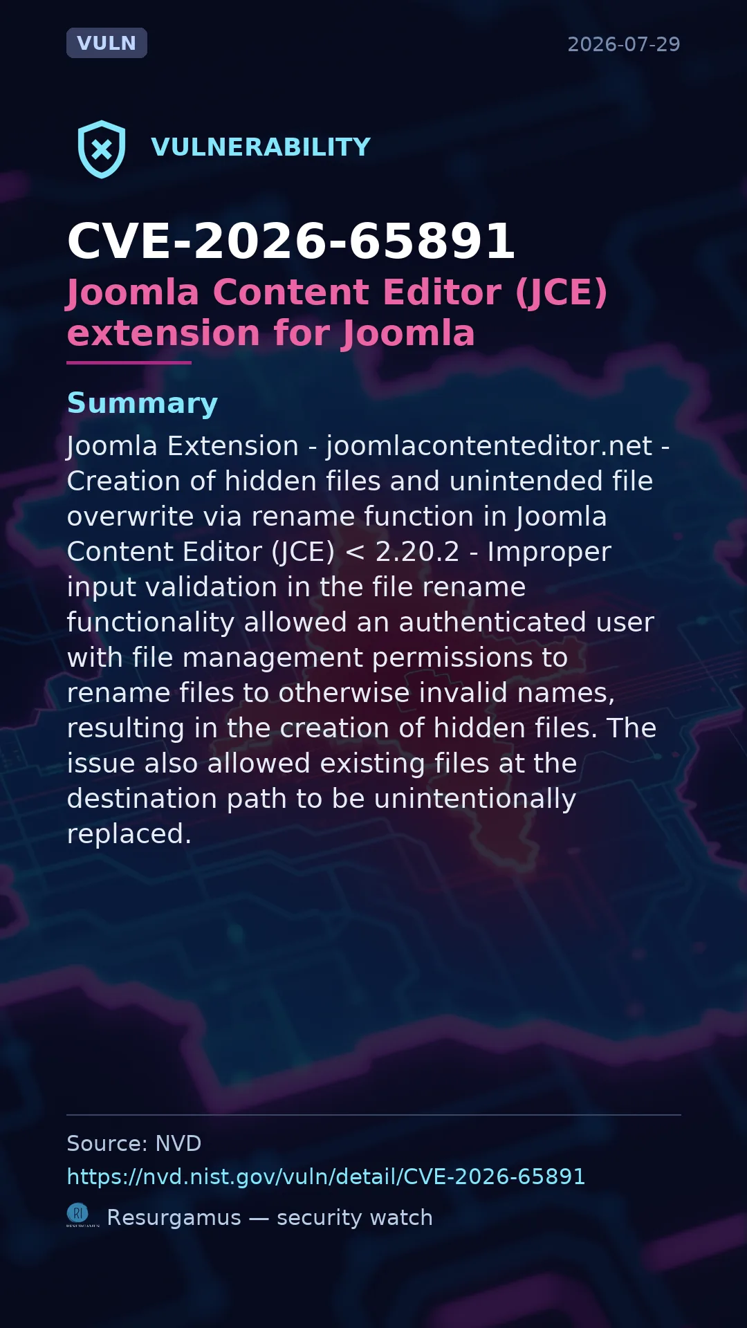 CVE-2026-65891 Joomla Content Editor (JCE) extension fo Vulnerability