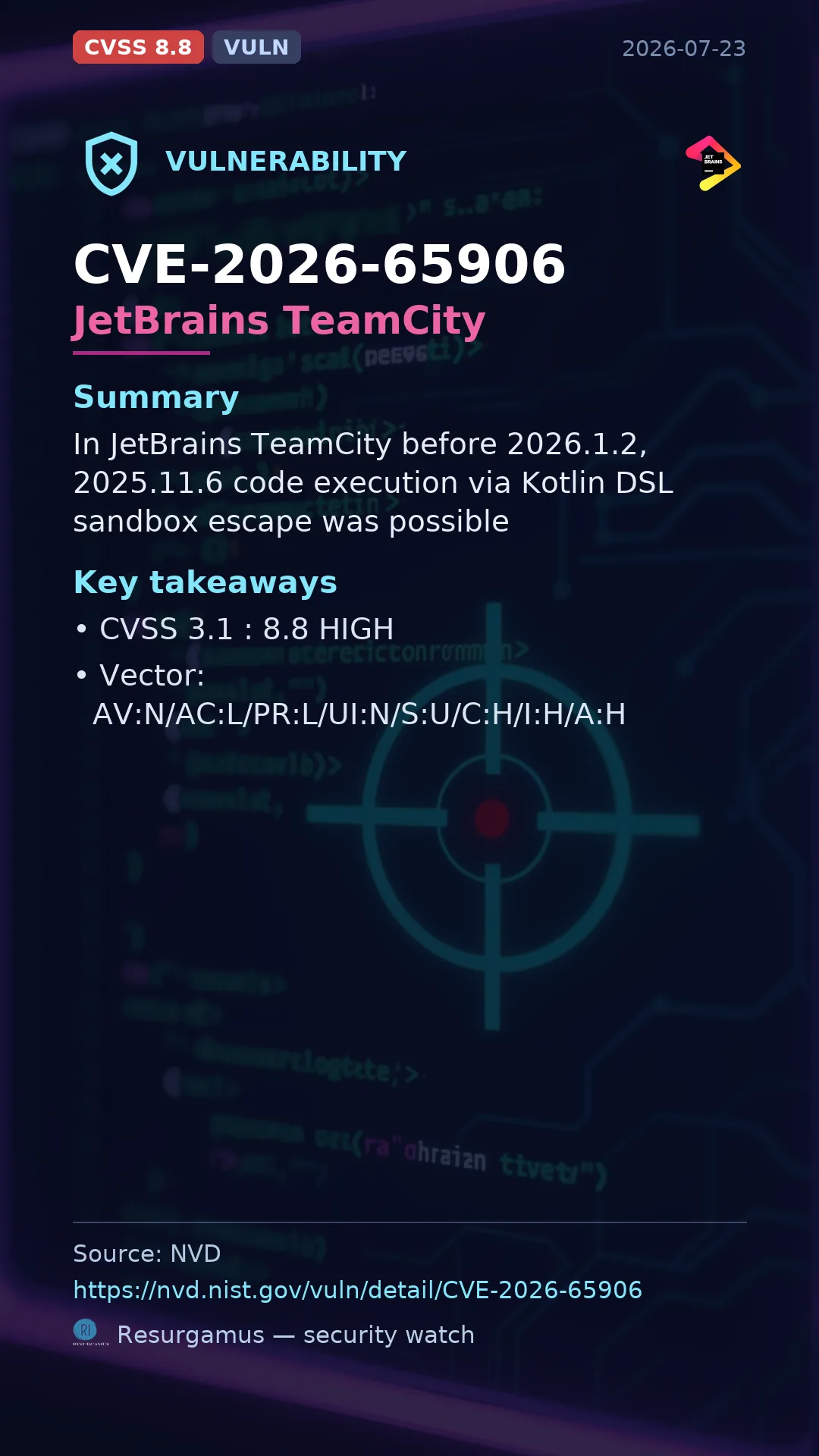 CVE-2026-65906 JetBrains TeamCity Vulnerability