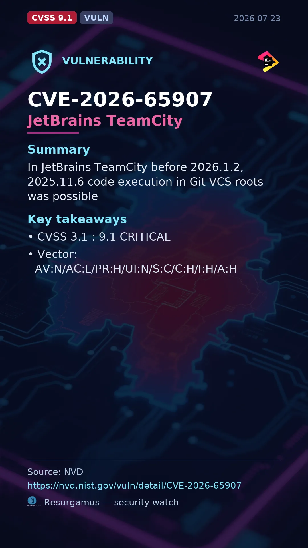 CVE-2026-65907 JetBrains TeamCity Vulnerability