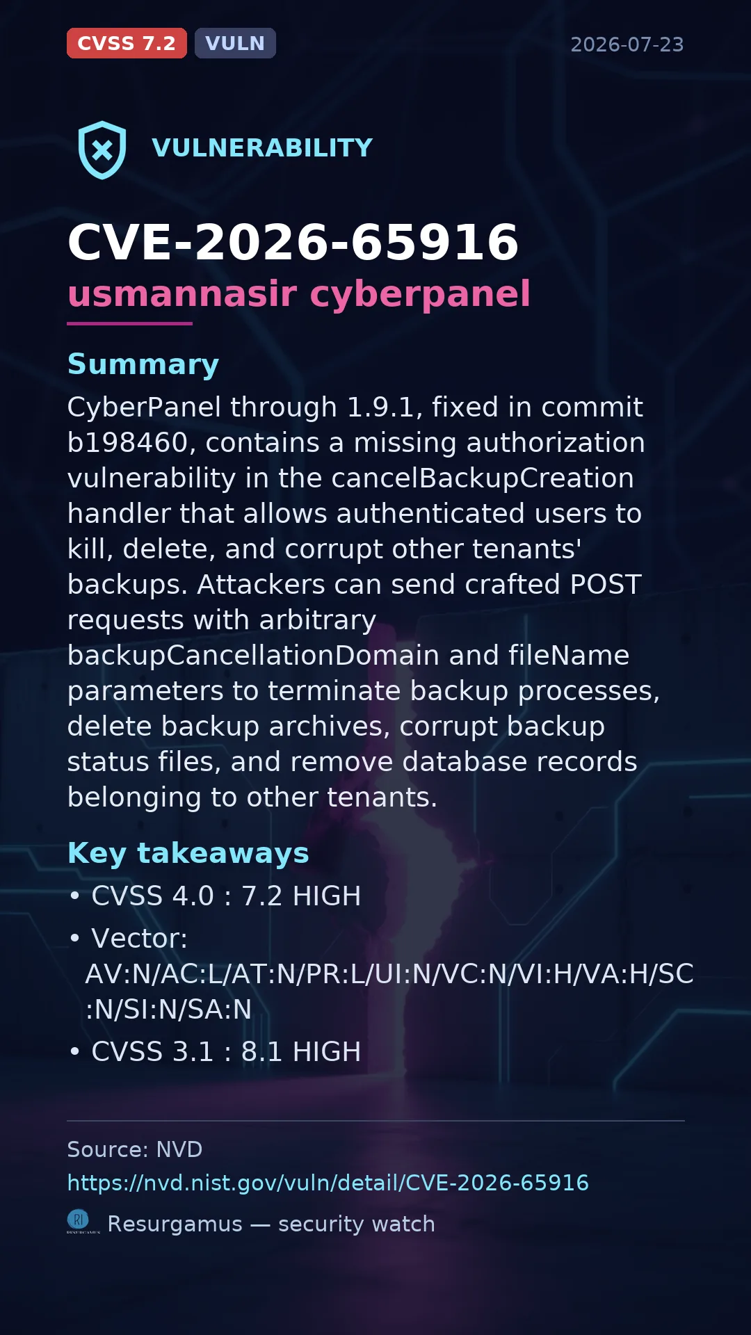 CVE-2026-65916 usmannasir cyberpanel Vulnerability