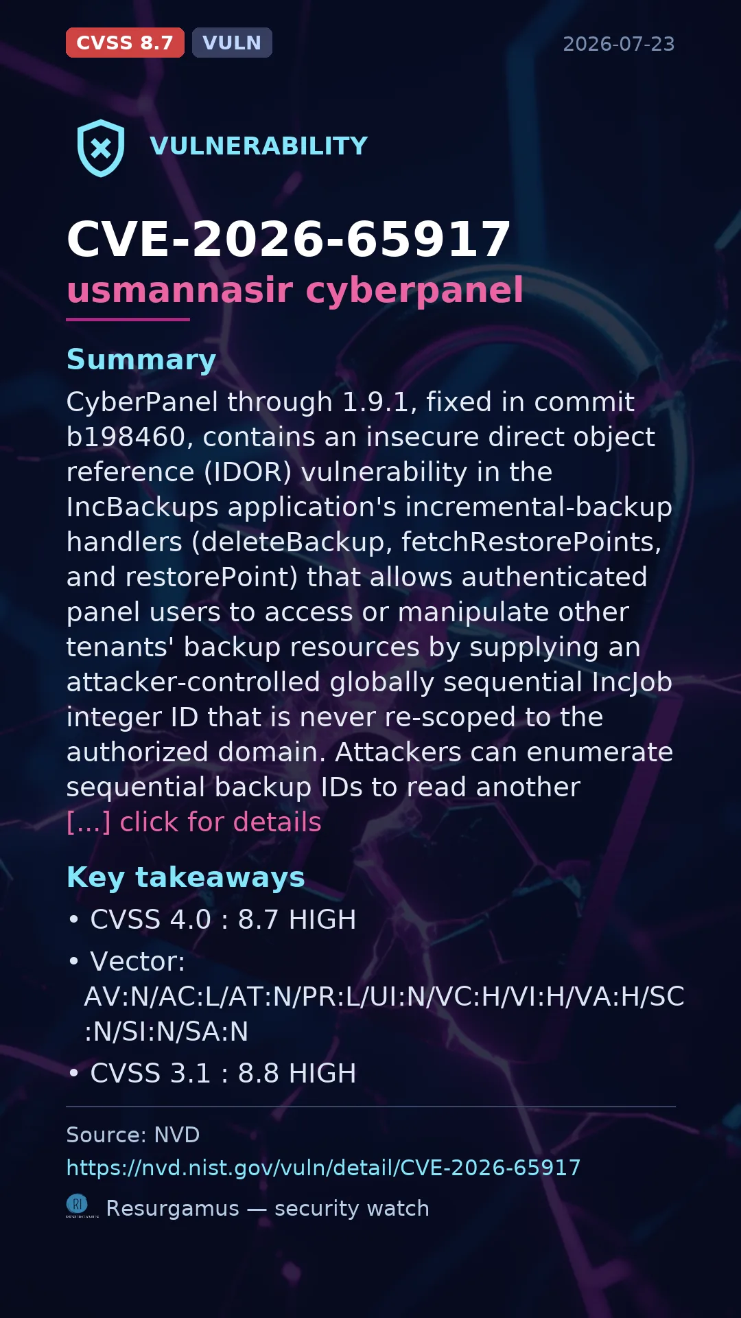 CVE-2026-65917 usmannasir cyberpanel Vulnerability