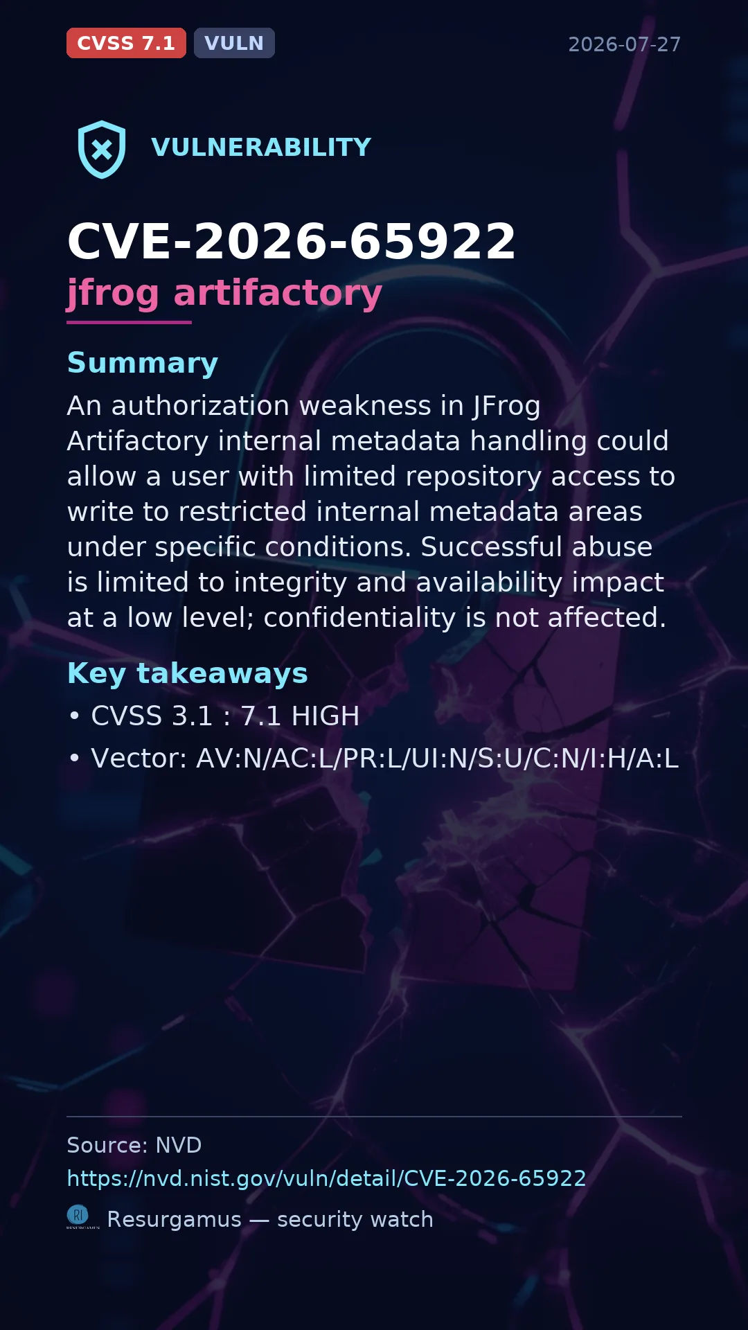 CVE-2026-65922 jfrog artifactory Vulnerability
