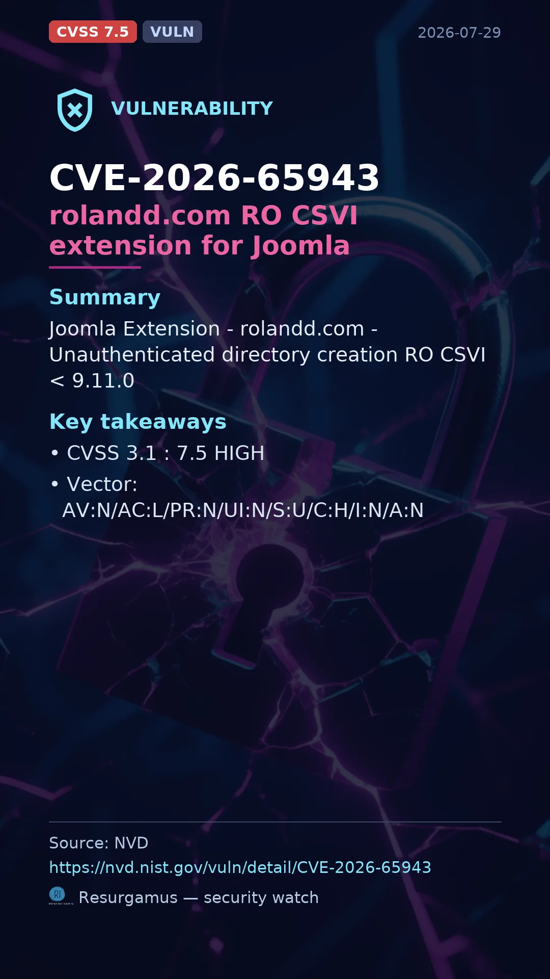 CVE-2026-65943 rolandd.com RO CSVI extension for Joomla Vulnerability
