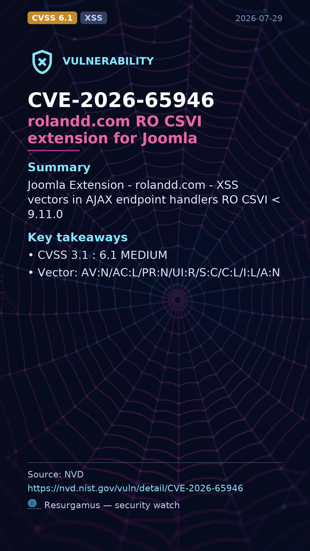 CVE-2026-65946 rolandd.com RO CSVI extension for Joomla Vulnerability