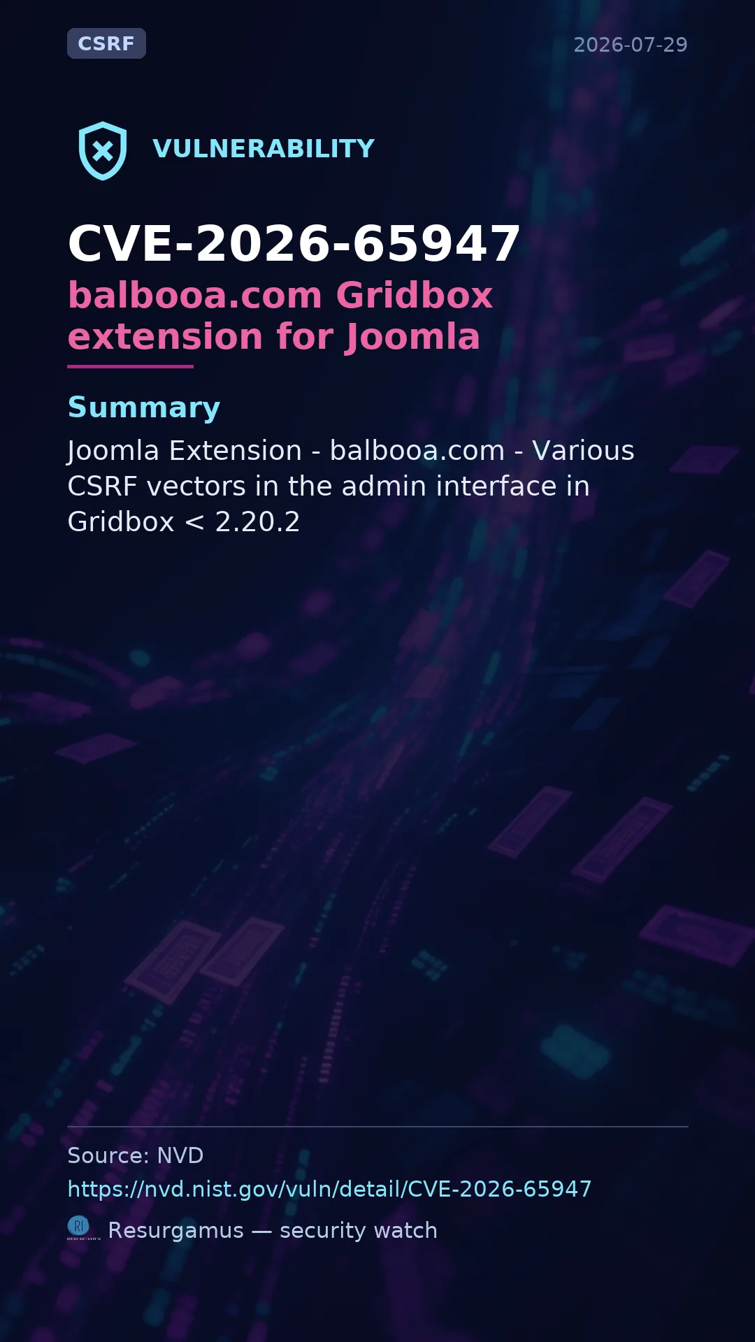 CVE-2026-65947 balbooa.com Gridbox extension for Joomla Vulnerability