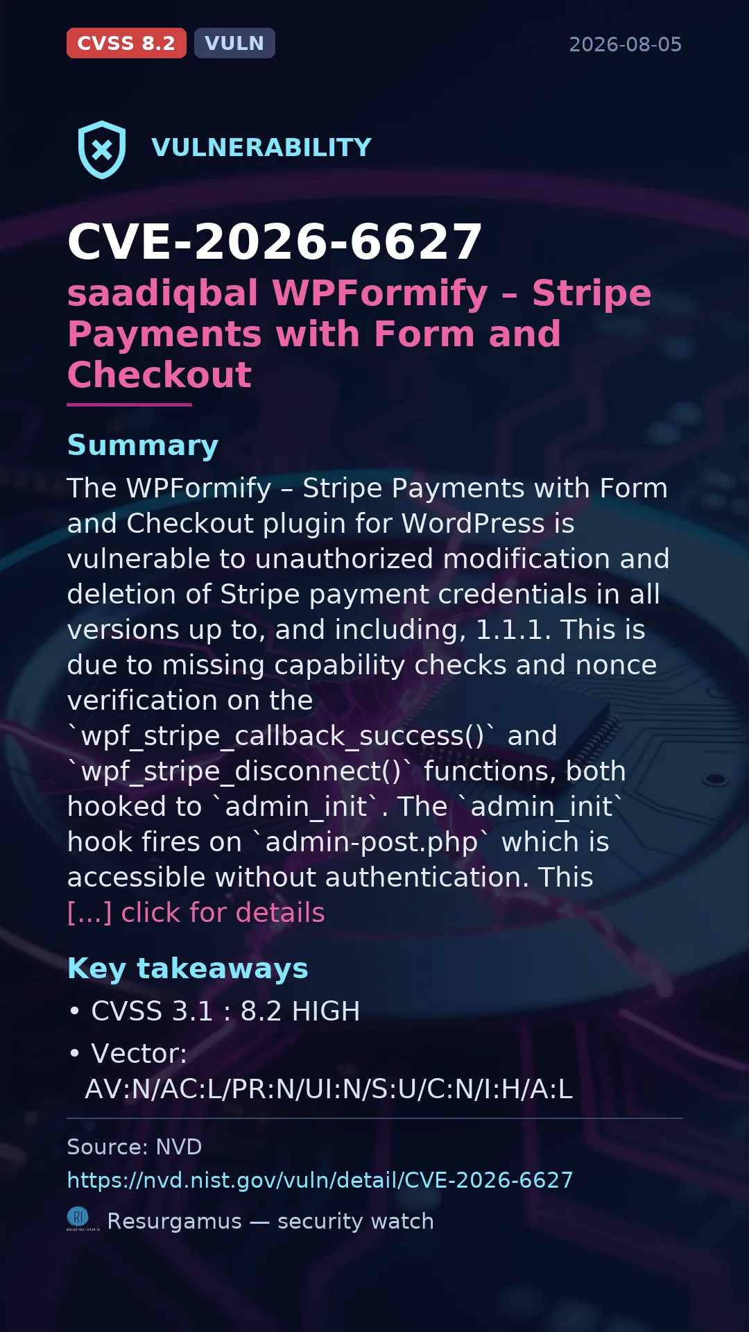 CVE-2026-6627 saadiqbal WPFormify – Stripe Payments with Form and Checkout Vulnerability