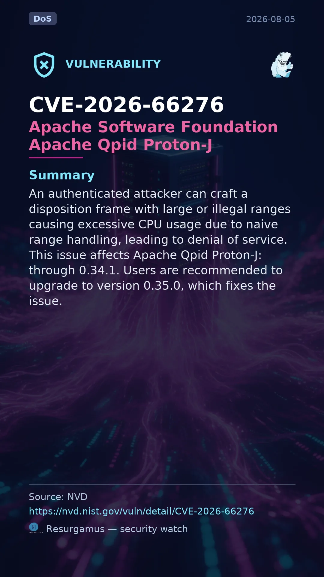 CVE-2026-66276 Apache Software Foundation Apache Qpid Proton-J Vulnerability