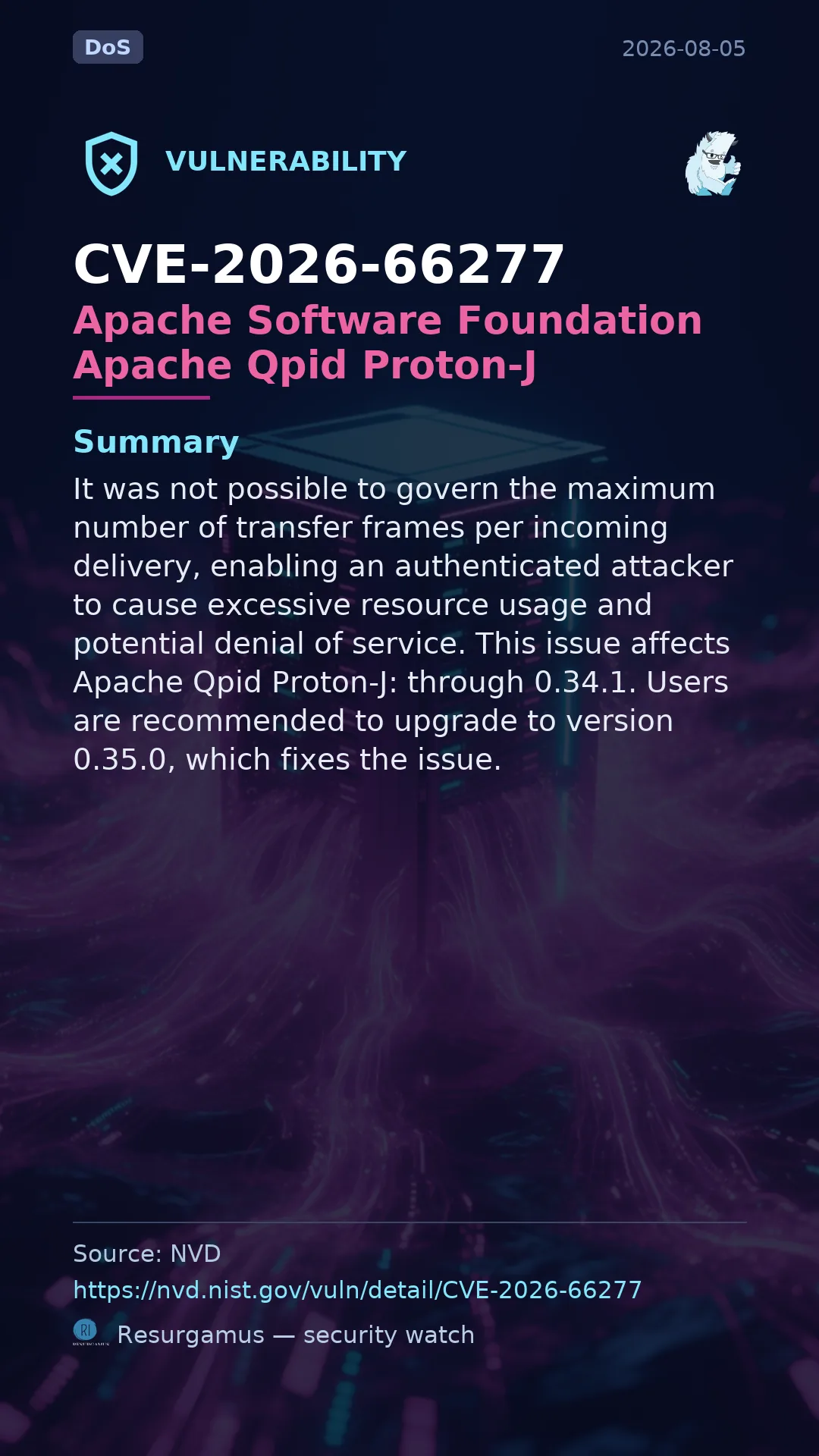 CVE-2026-66277 Apache Software Foundation Apache Qpid Proton-J Vulnerability