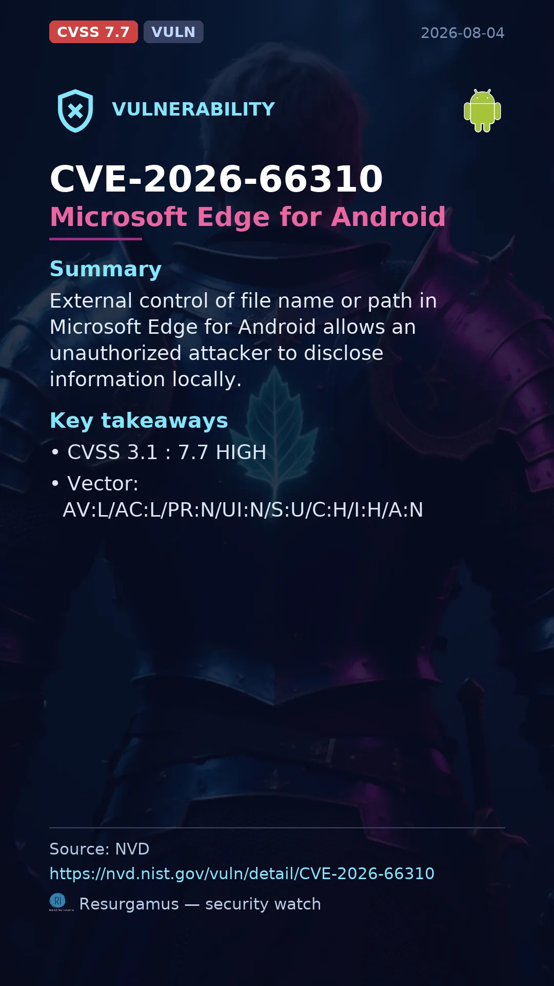 CVE-2026-66310 Microsoft Edge for Android Vulnerability