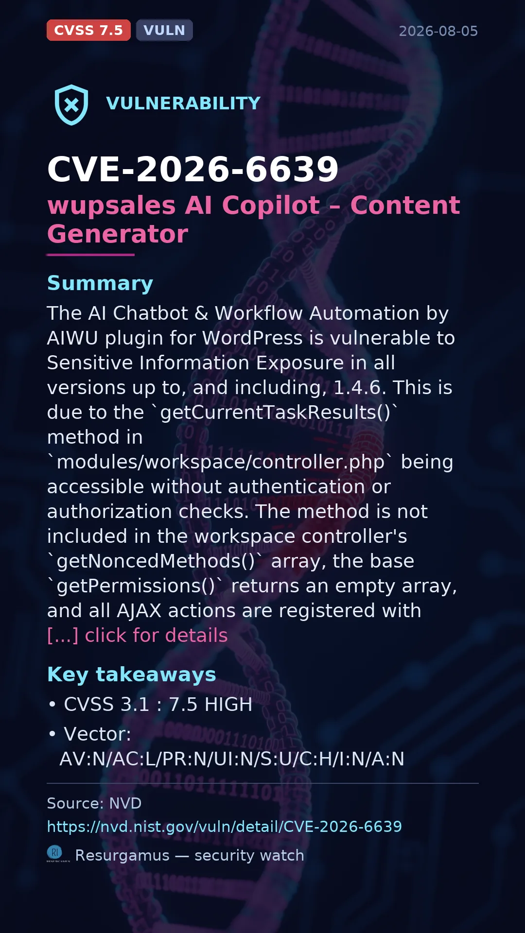 CVE-2026-6639 wupsales AI Copilot – Content Generator Vulnerability