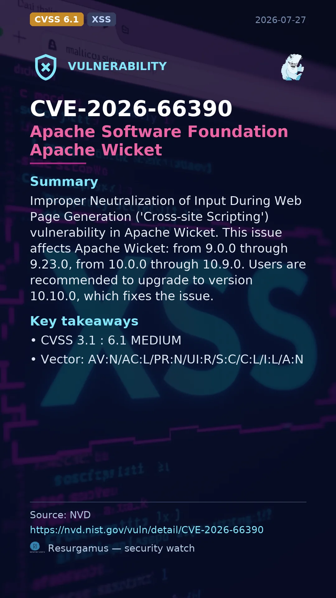 CVE-2026-66390 Apache Software Foundation Apache Wicket Vulnerability