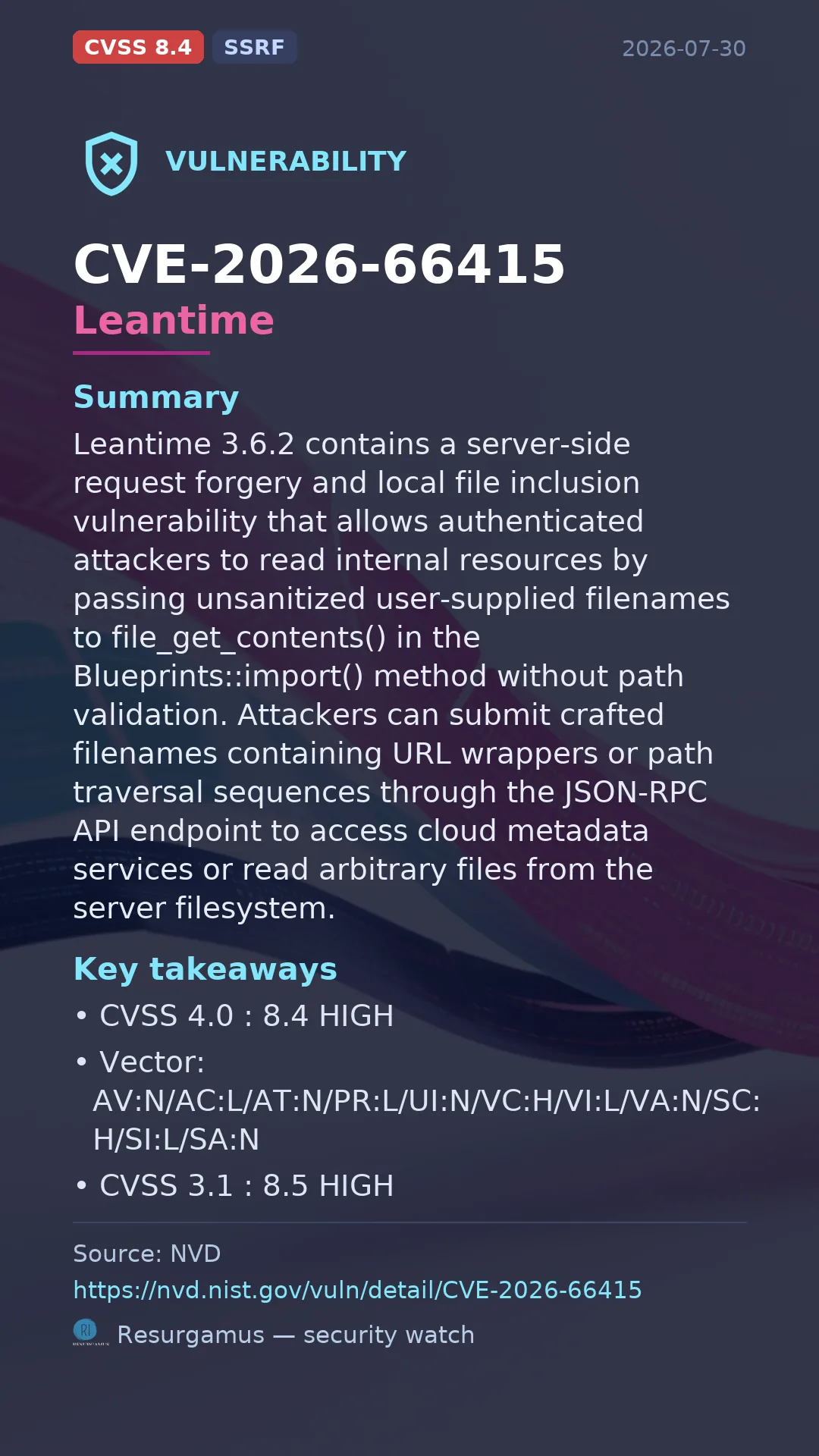 CVE-2026-66415 Leantime Vulnerability