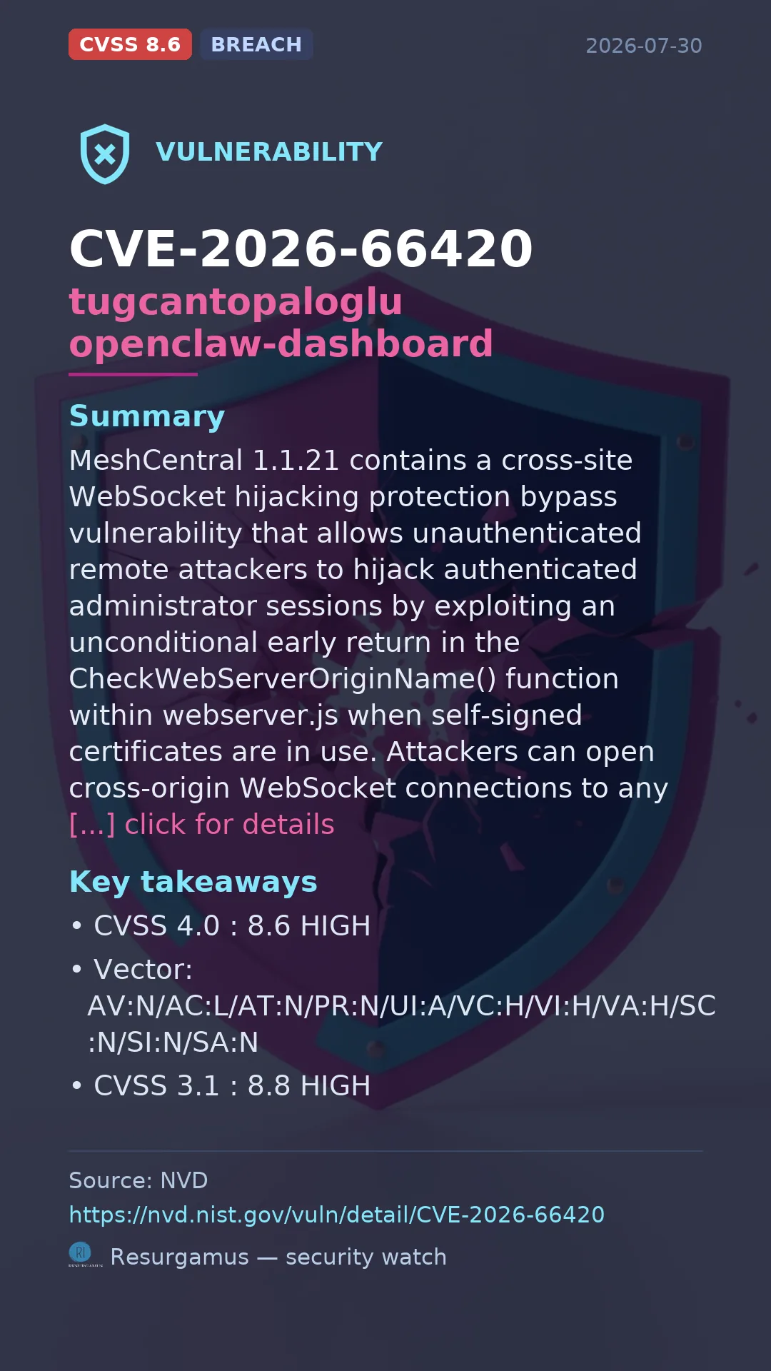 CVE-2026-66420 tugcantopaloglu openclaw-dashboard Vulnerability