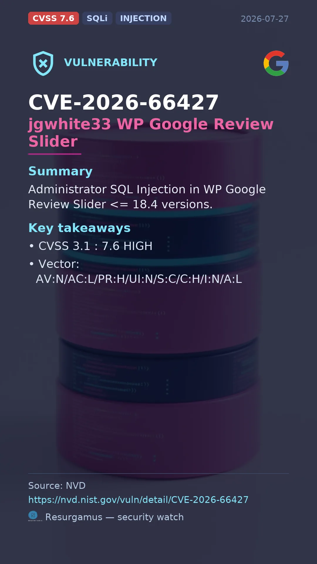 CVE-2026-66427 jgwhite33 WP Google Review Slider Vulnerability