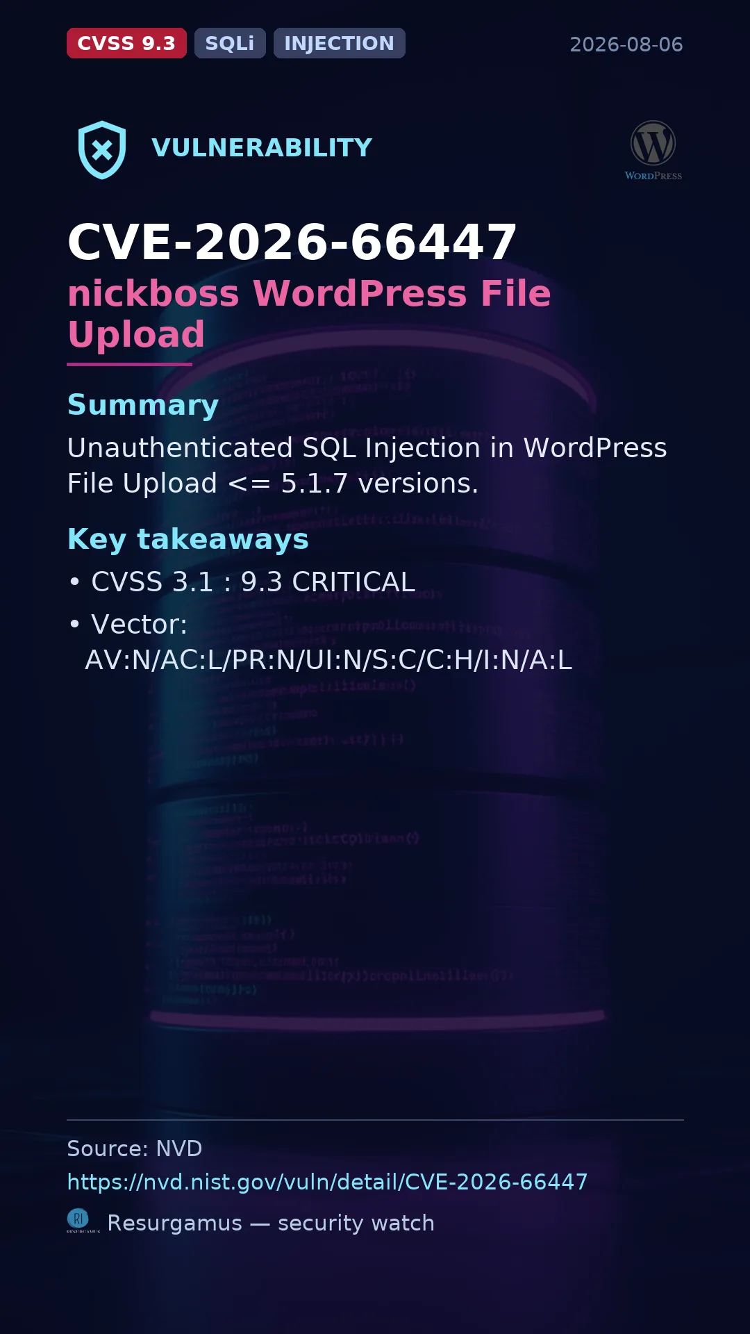 CVE-2026-66447 nickboss WordPress File Upload Vulnerability