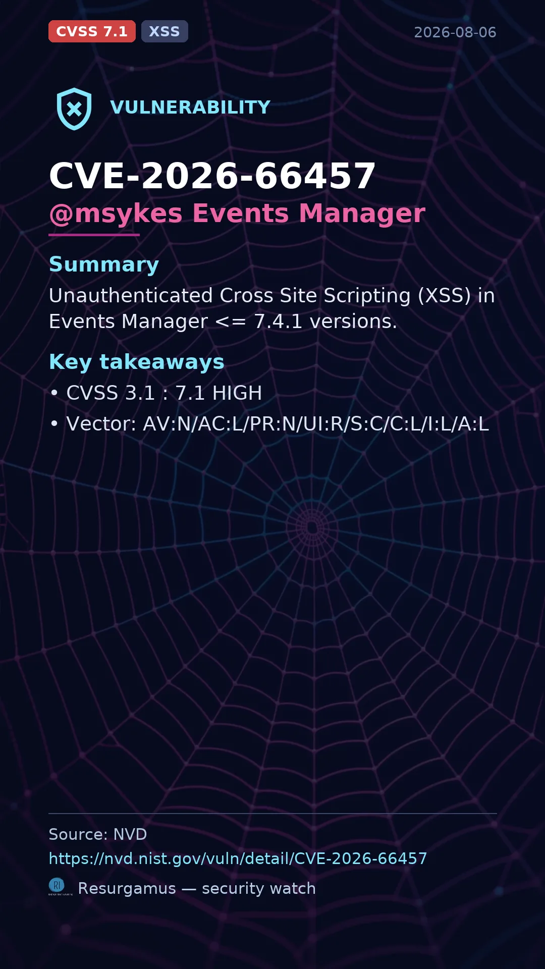 CVE-2026-66457 @msykes Events Manager Vulnerability