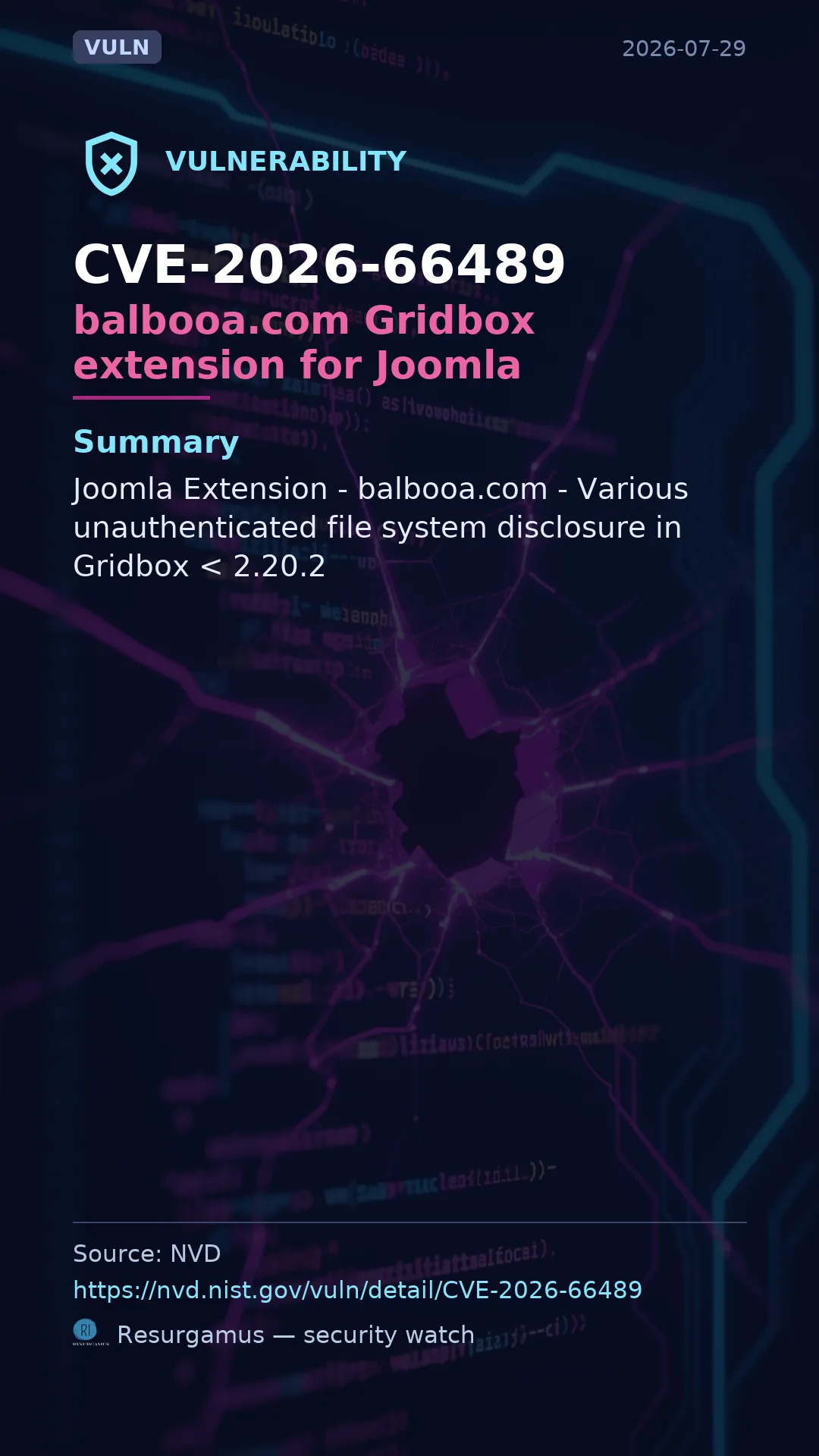 CVE-2026-66489 balbooa.com Gridbox extension for Joomla Vulnerability