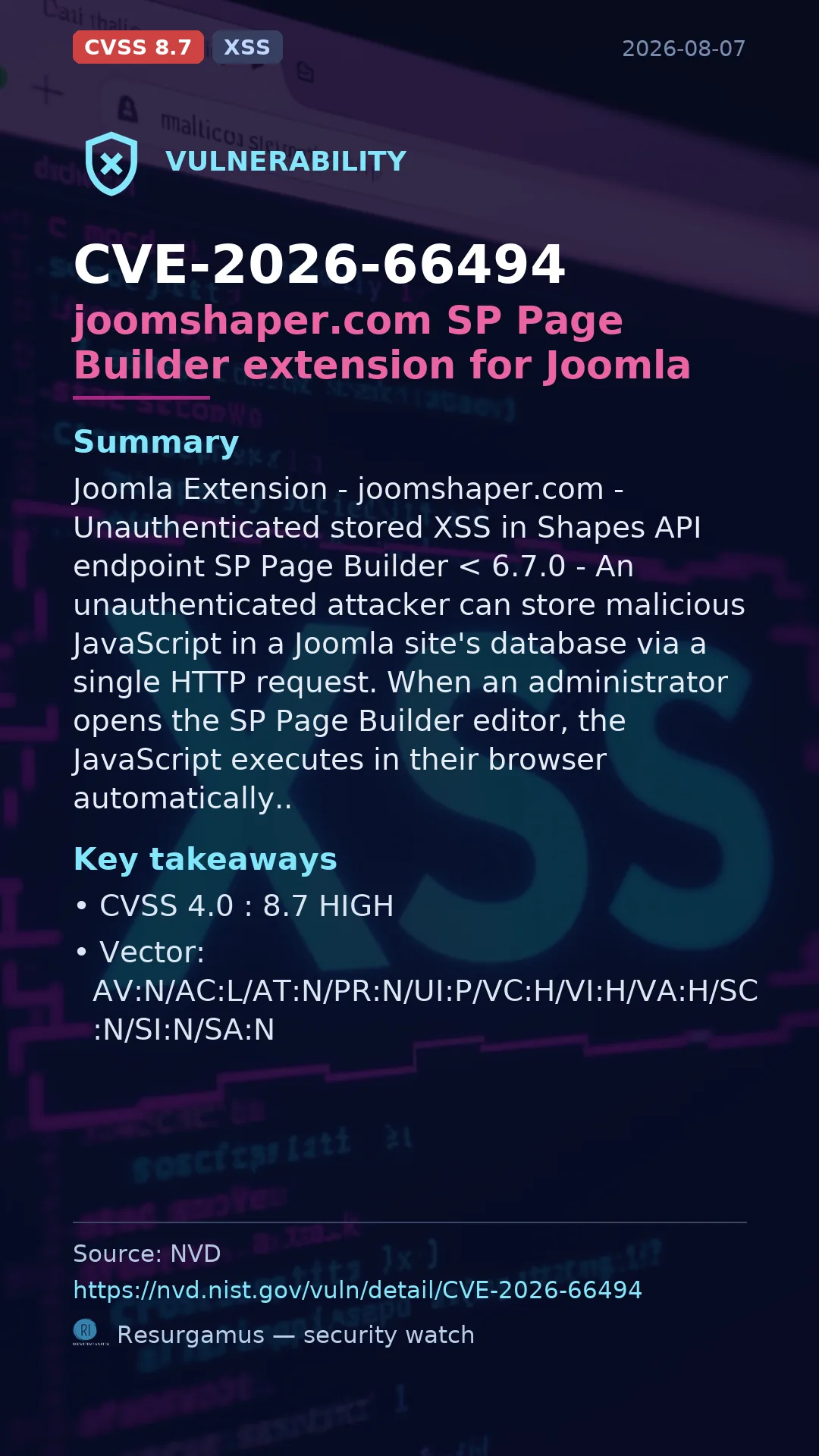 CVE-2026-66494 joomshaper.com SP Page Builder extension for Joomla Vulnerability