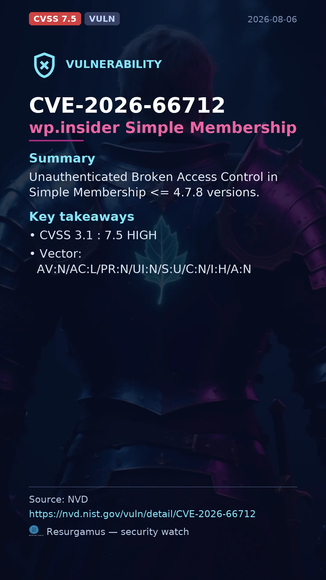 CVE-2026-66712 wp.insider Simple Membership Vulnerability