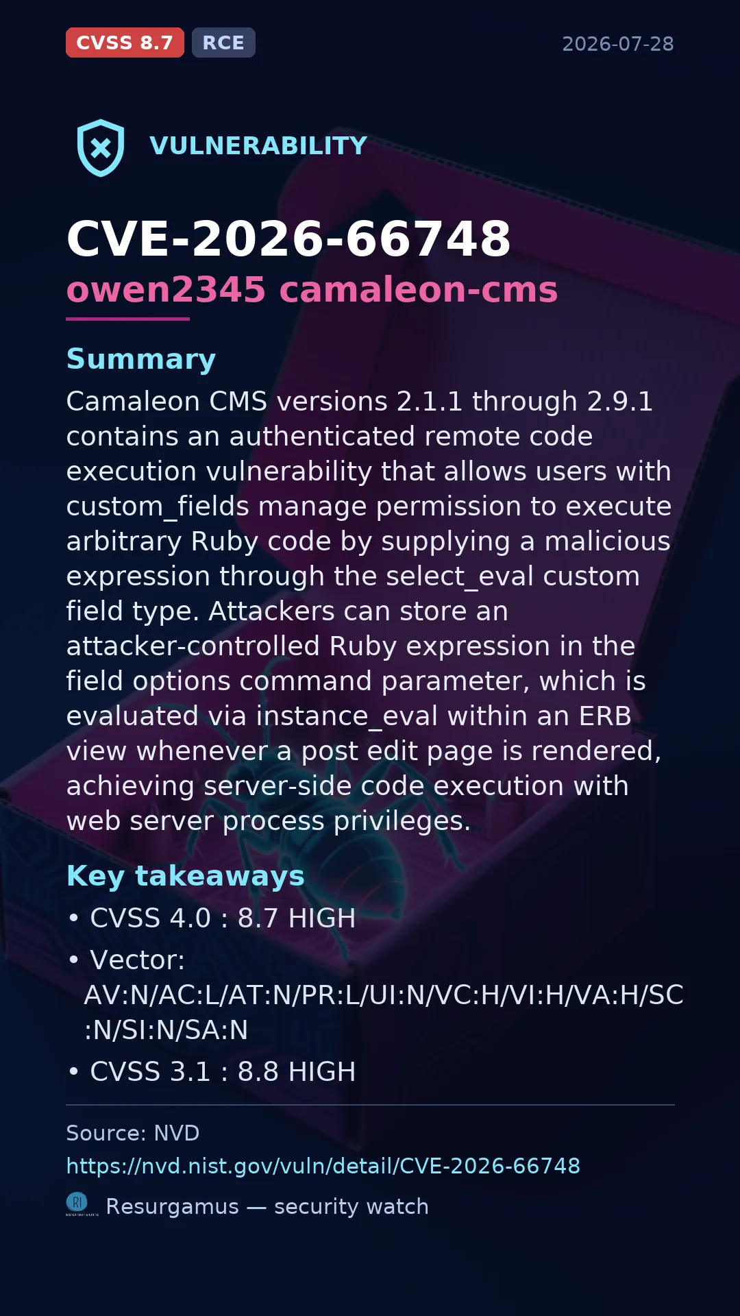 CVE-2026-66748 owen2345 camaleon-cms Vulnerability