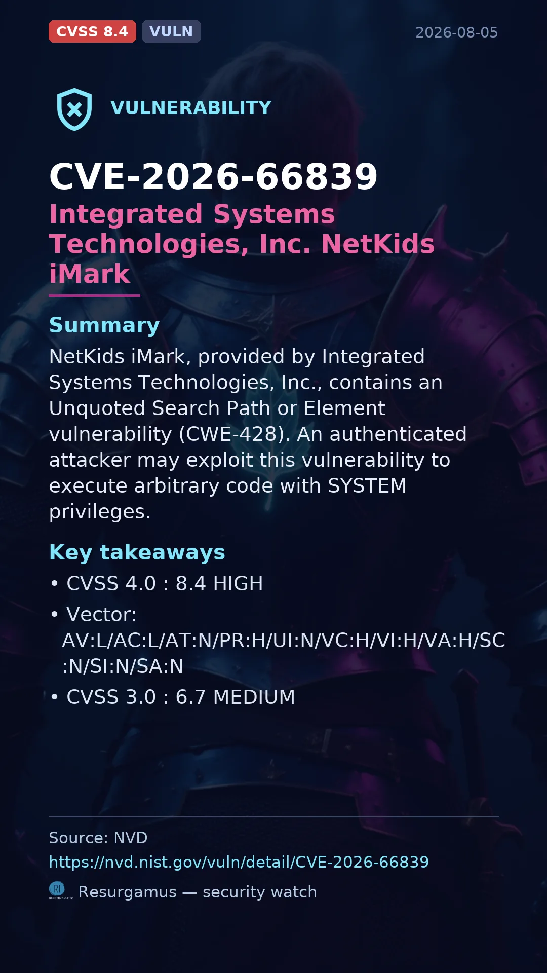 CVE-2026-66839 Integrated Systems Technologies, Inc. NetKids iMark Vulnerability