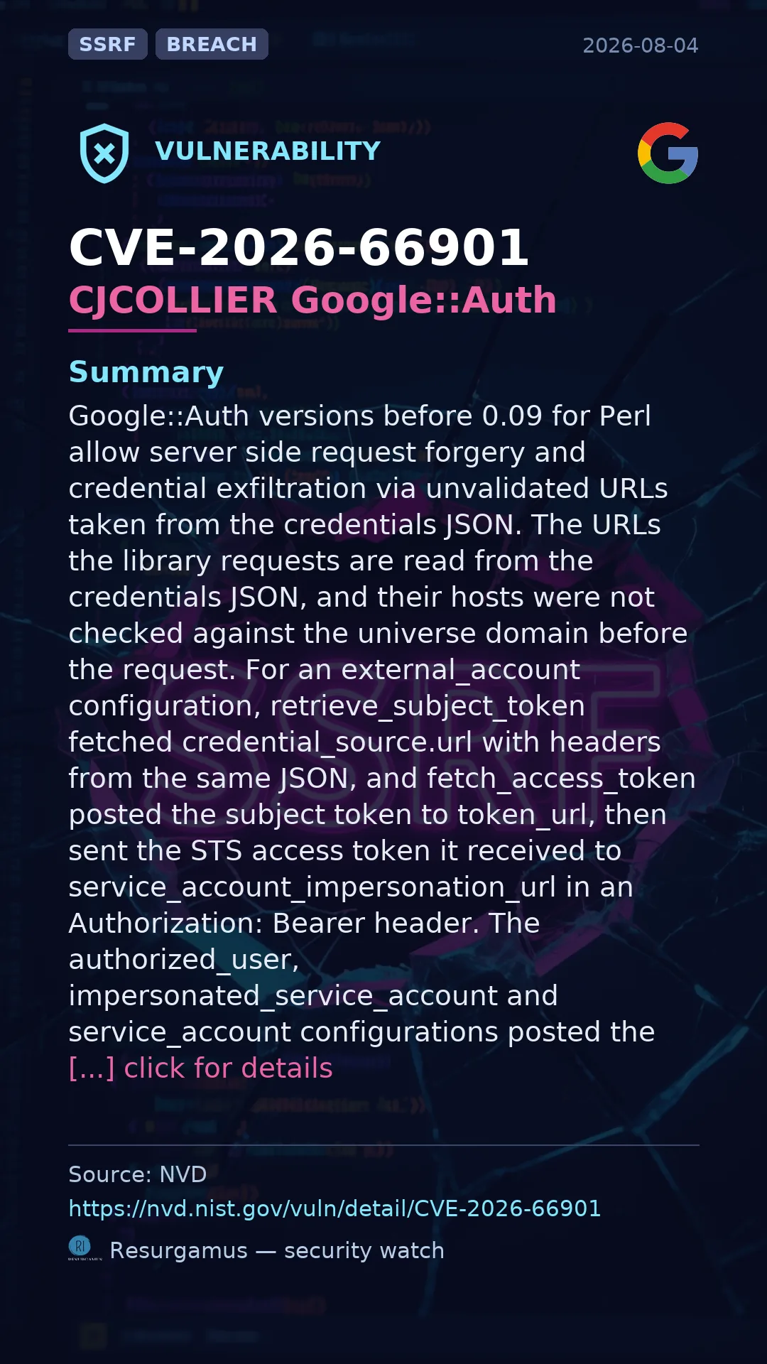 CVE-2026-66901 CJCOLLIER Google::Auth Vulnerability