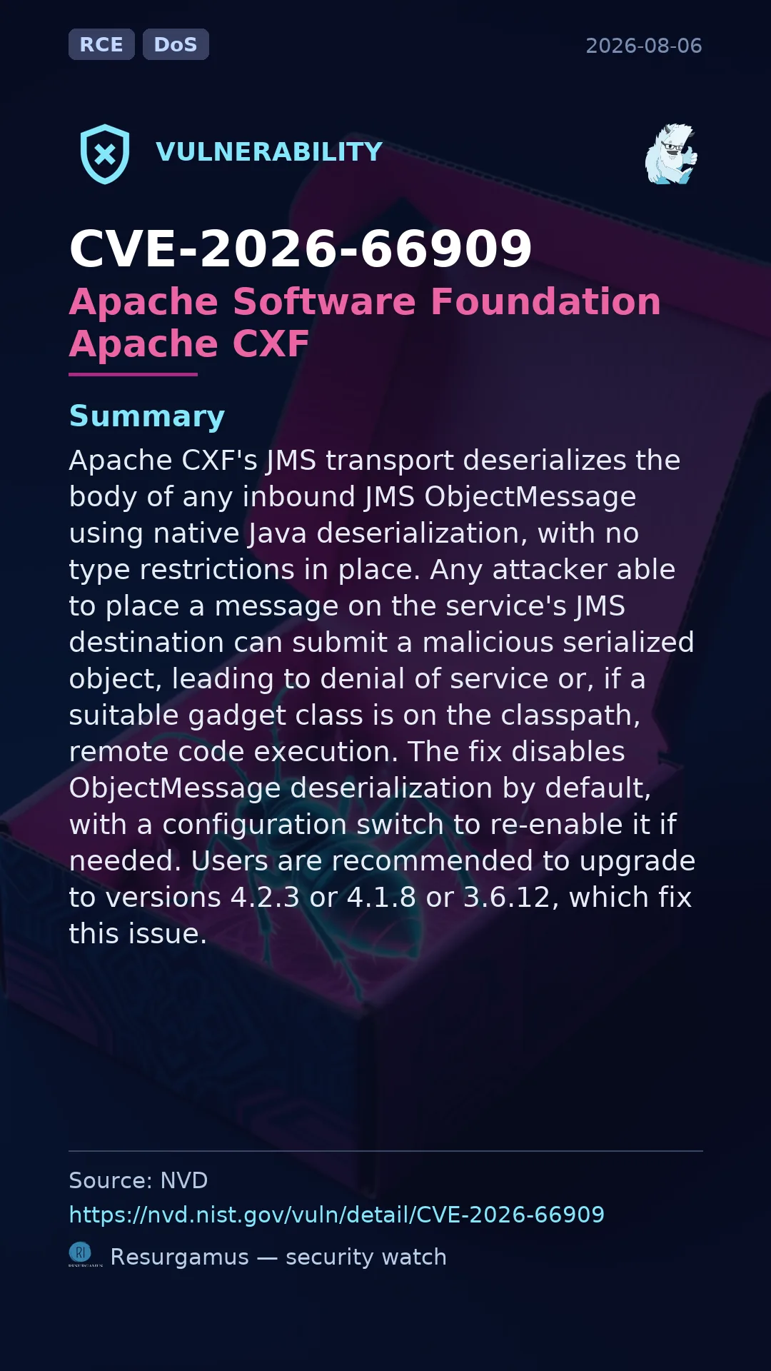 CVE-2026-66909 Apache Software Foundation Apache CXF Vulnerability