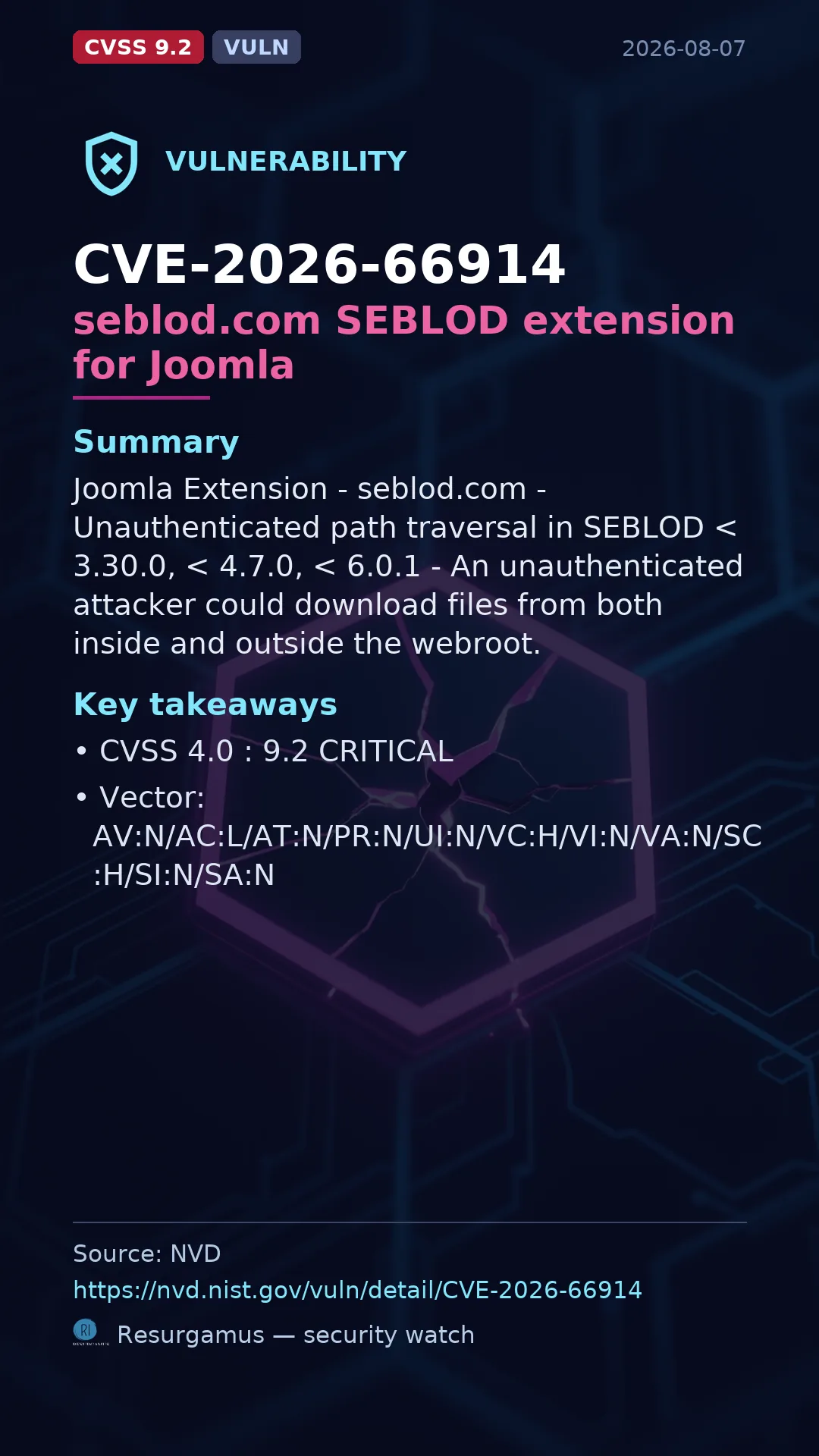 CVE-2026-66914 seblod.com SEBLOD extension for Joomla Vulnerability