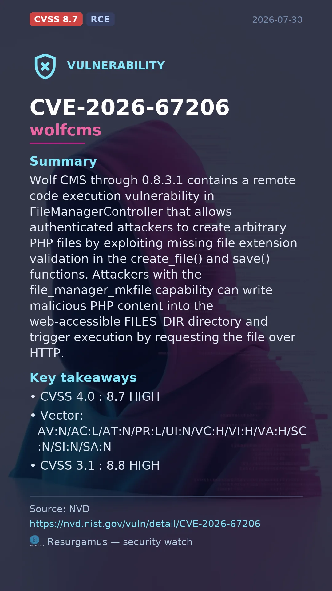 CVE-2026-67206 wolfcms Vulnerability