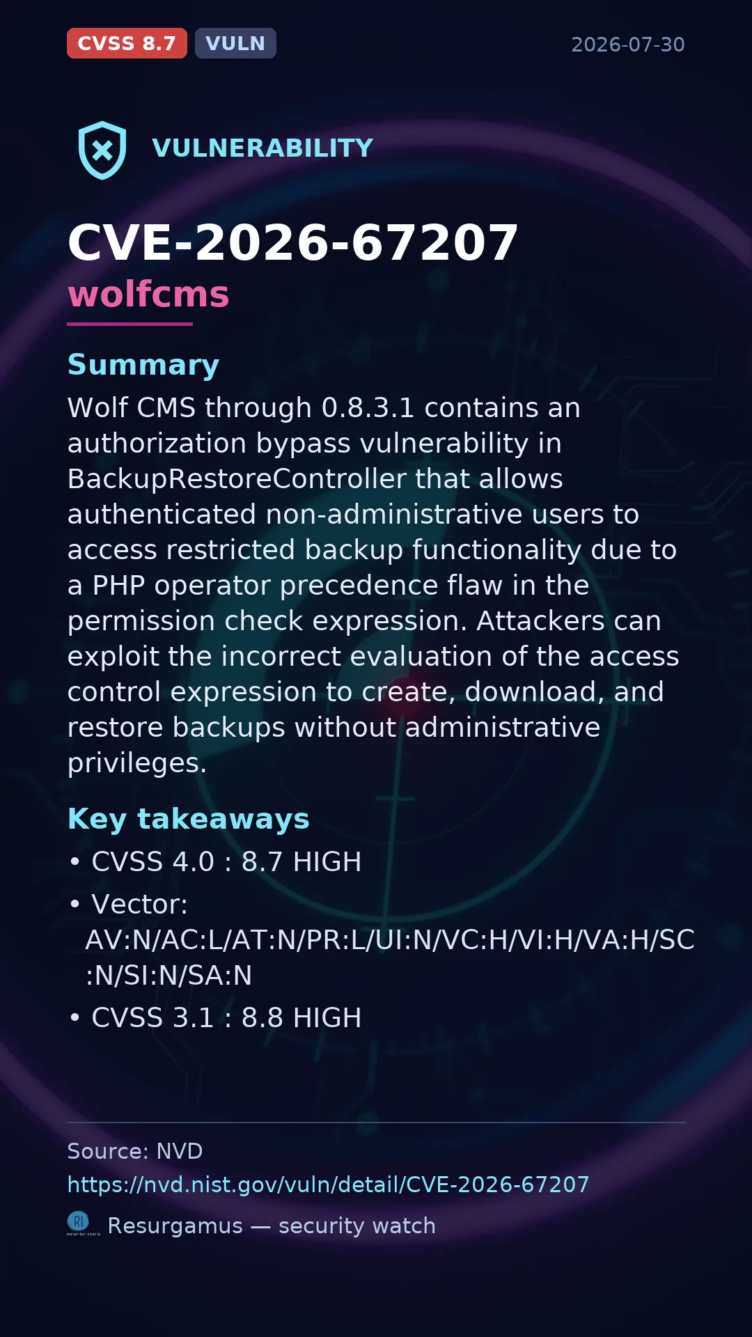 CVE-2026-67207 wolfcms Vulnerability