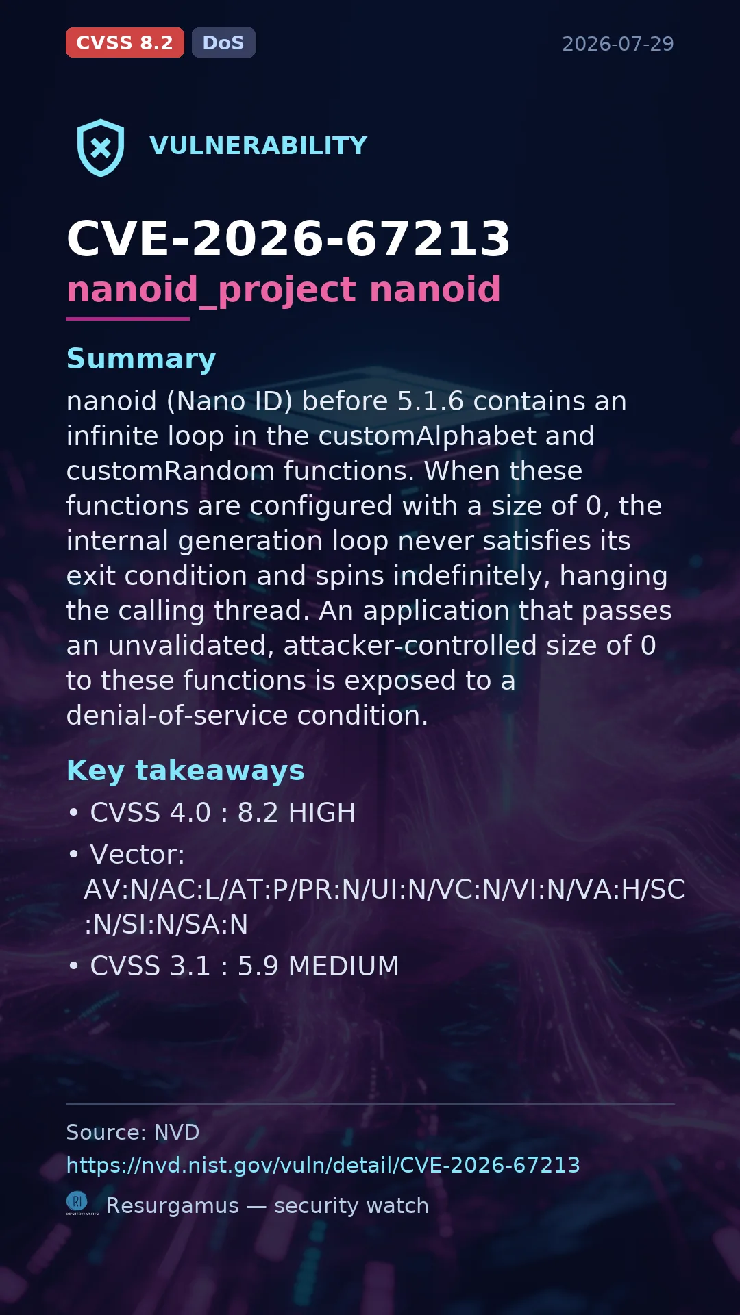 CVE-2026-67213 nanoid_project nanoid Vulnerability