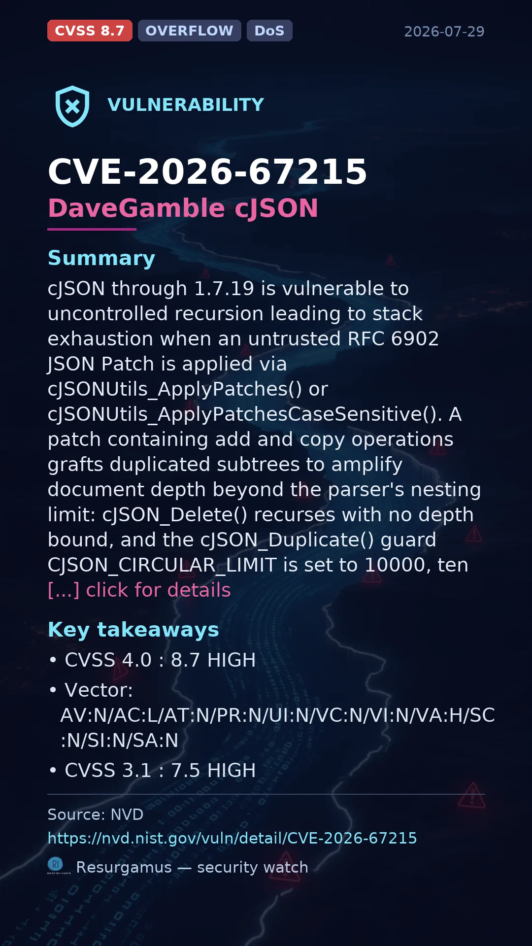 CVE-2026-67215 DaveGamble cJSON Vulnerability