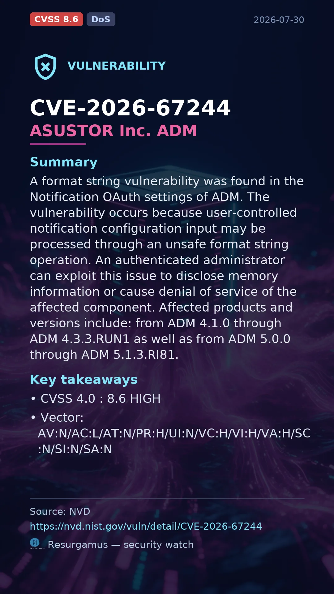 CVE-2026-67244 ASUSTOR Inc. ADM Vulnerability