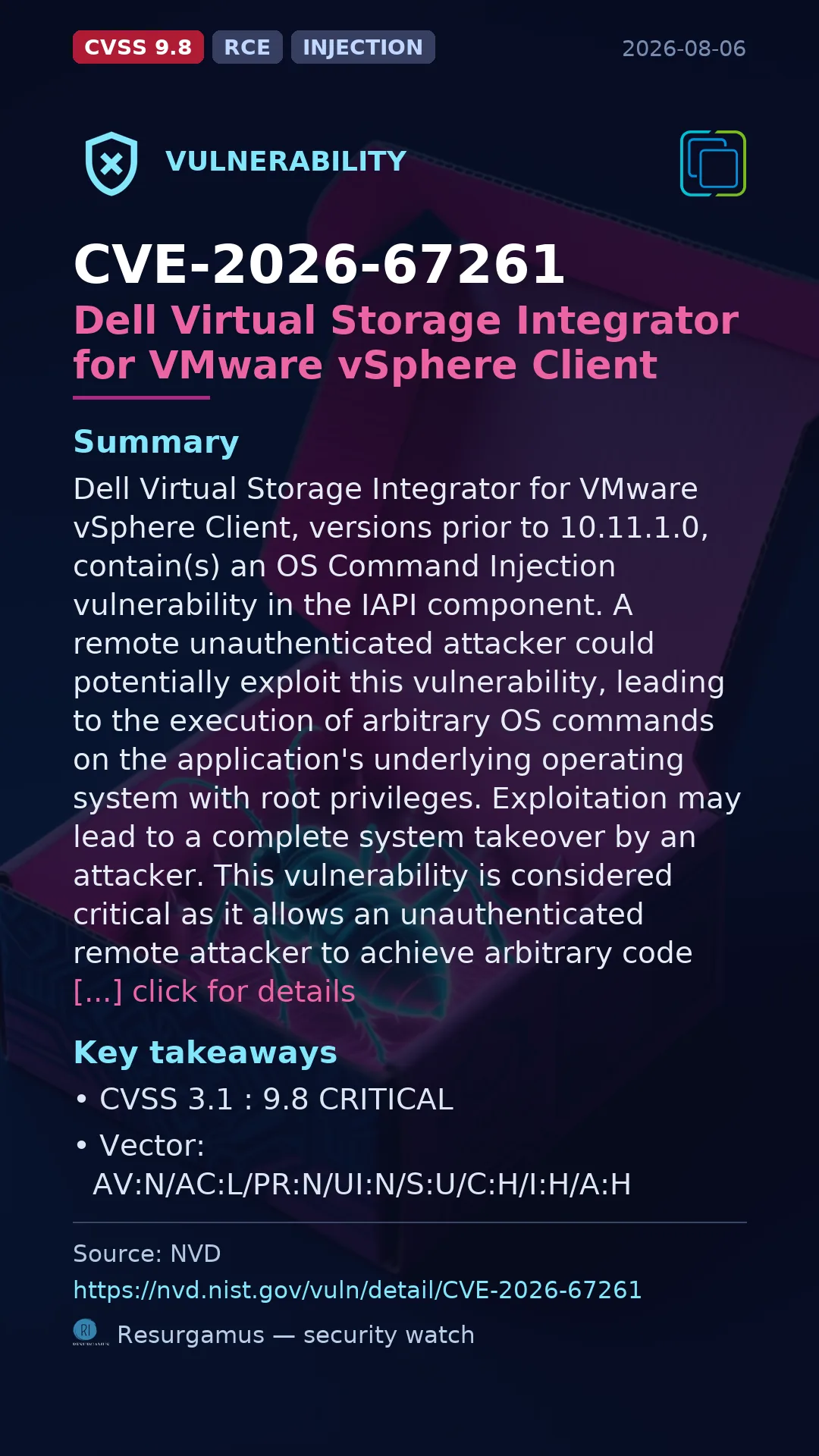 CVE-2026-67261 Dell Virtual Storage Integrator for VMware vSphere Client Vulnerability