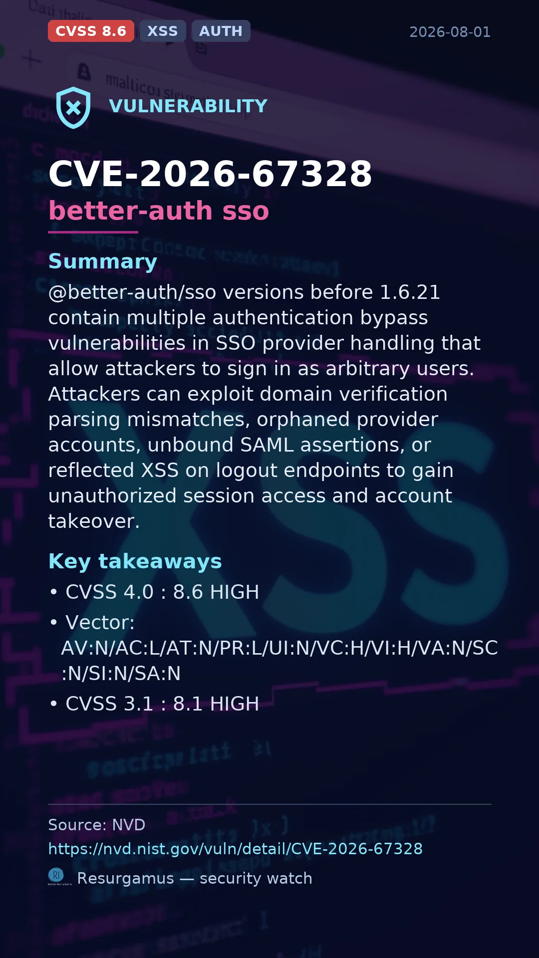 CVE-2026-67328 better-auth sso Vulnerability