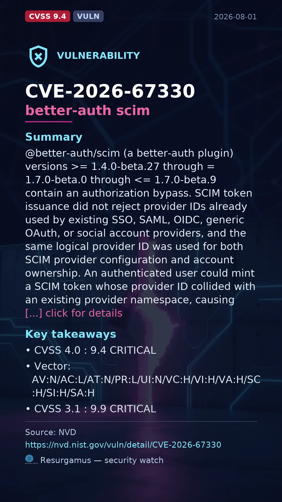 CVE-2026-67330 better-auth scim Vulnerability